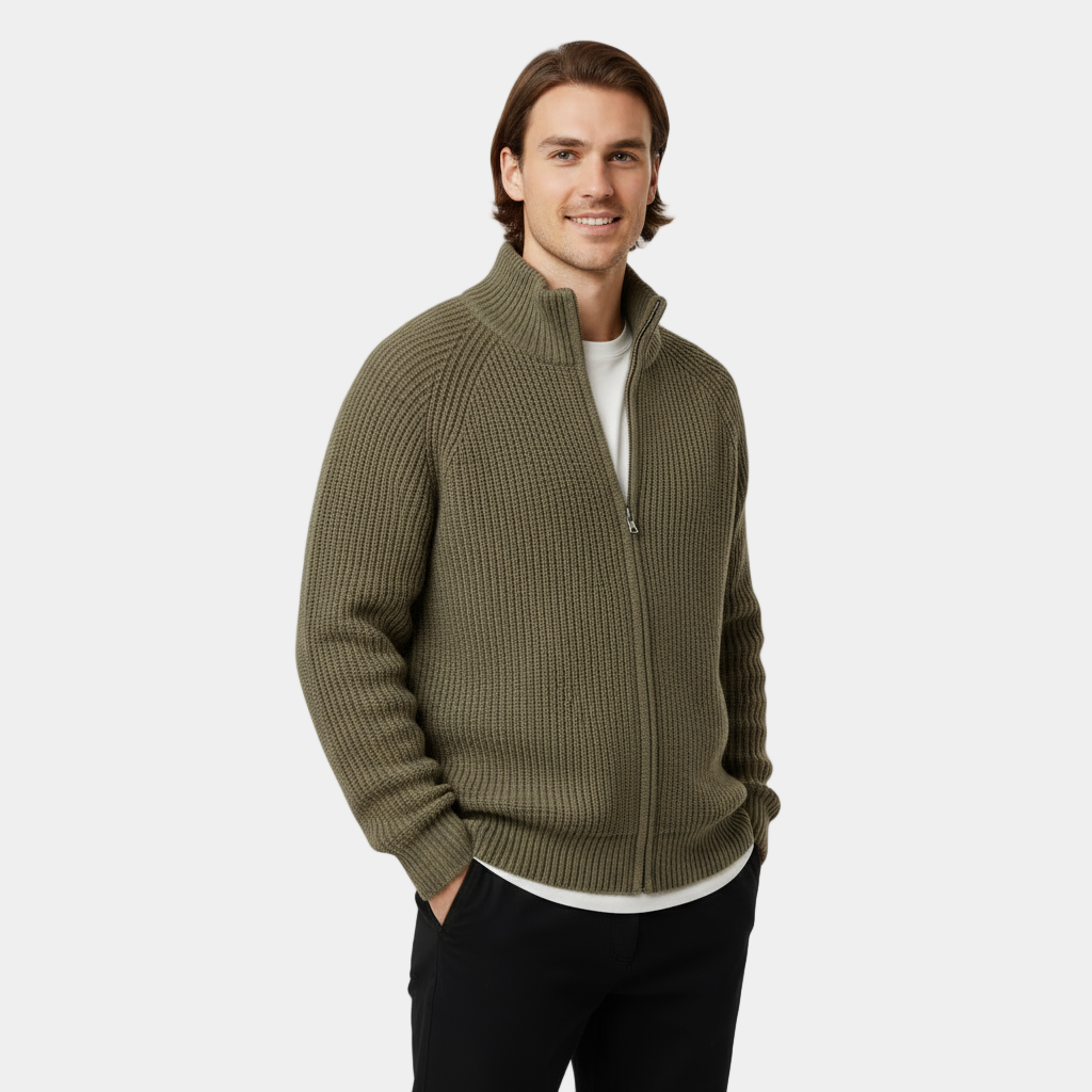 Men's Ribbed Knit Turtleneck Sweater - Full-Zip Jumper for Casual and Smart-Casual Wear