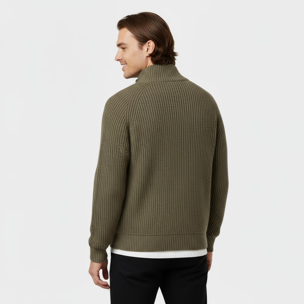 Men's Ribbed Knit Turtleneck Sweater - Full-Zip Jumper for Casual and Smart-Casual Wear