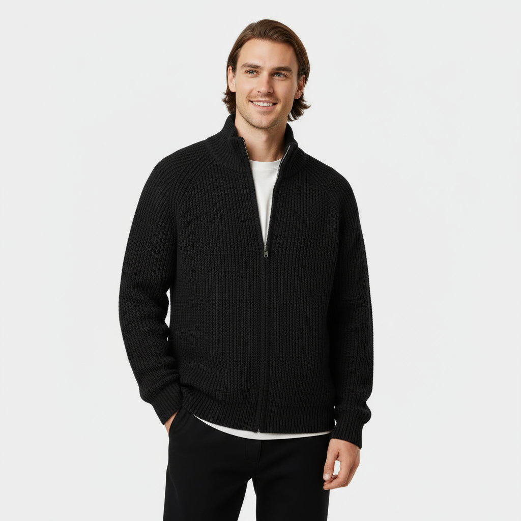 Men's Ribbed Knit Turtleneck Sweater - Full-Zip Jumper for Casual and Smart-Casual Wear