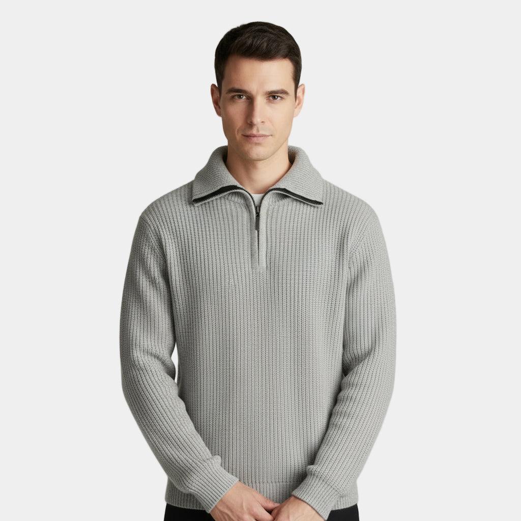 Men's Ribbed Knitted Half-Zip Sweater for Casual Wear in Soft, Comfortable Fabric
