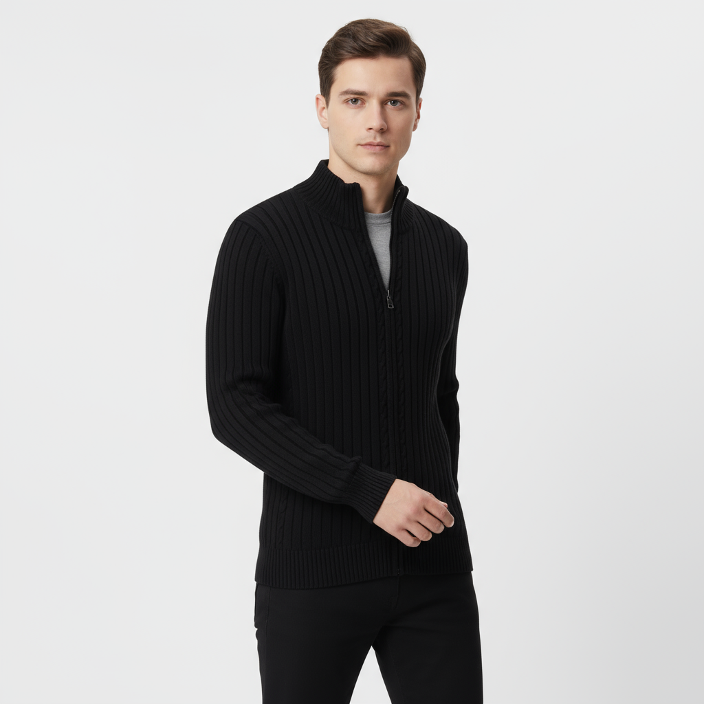 Men's Ribbed Zip-Up Cardigan - Cozy Knit Sweater for Casual Wear and Layering - Available in Multiple Colors