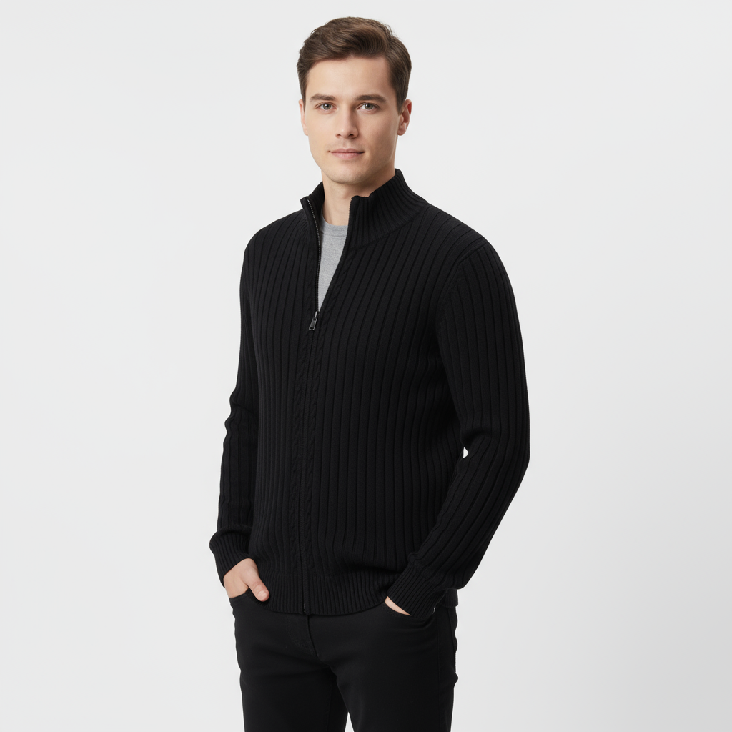 Men's Ribbed Zip-Up Cardigan - Cozy Knit Sweater for Casual Wear and Layering - Available in Multiple Colors