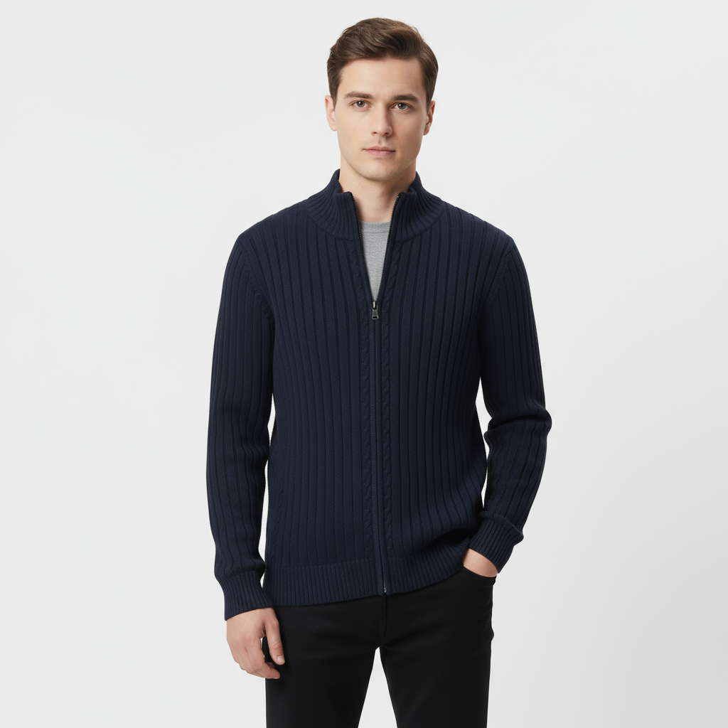 Men's Ribbed Zip-Up Cardigan - Cozy Knit Sweater for Casual Wear and Layering - Available in Multiple Colors