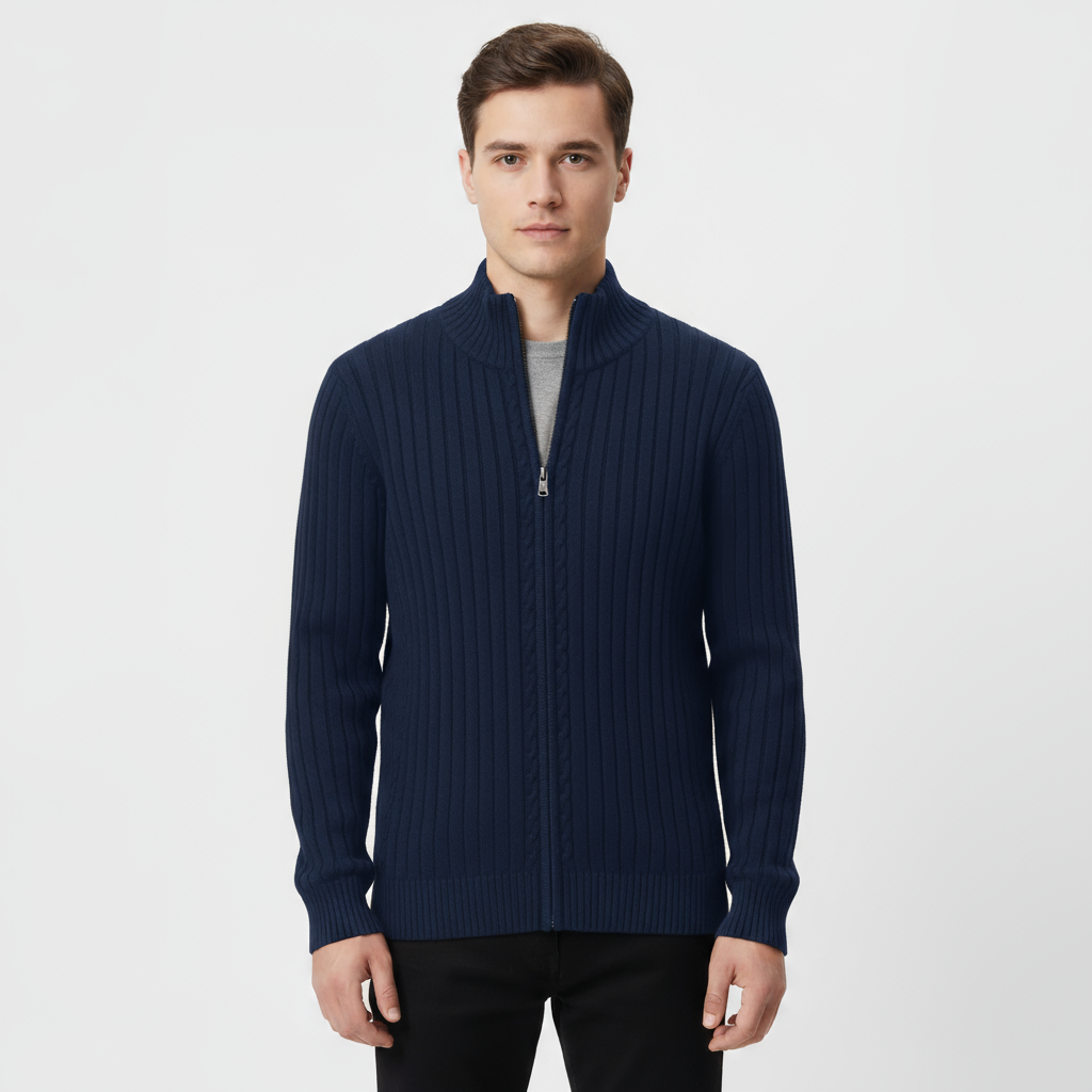 Men's Ribbed Zip-Up Cardigan - Cozy Knit Sweater for Casual Wear and Layering - Available in Multiple Colors