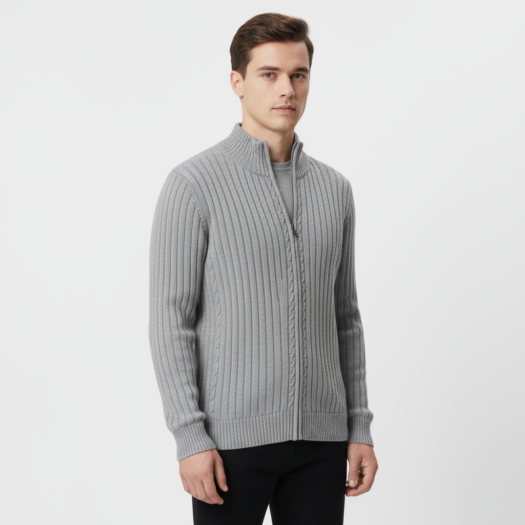 Men's Ribbed Zip-Up Cardigan - Cozy Knit Sweater for Casual Wear and Layering - Available in Multiple Colors