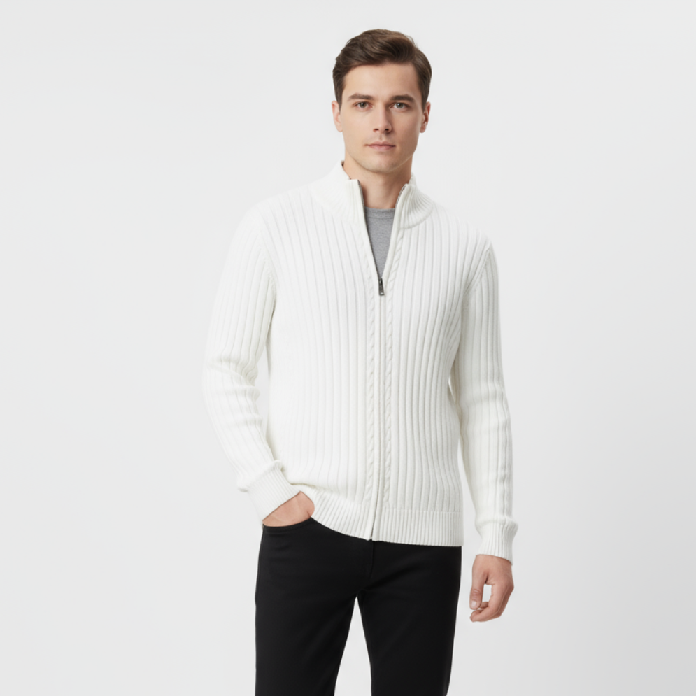 Men's Ribbed Zip-Up Cardigan - Cozy Knit Sweater for Casual Wear and Layering - Available in Multiple Colors