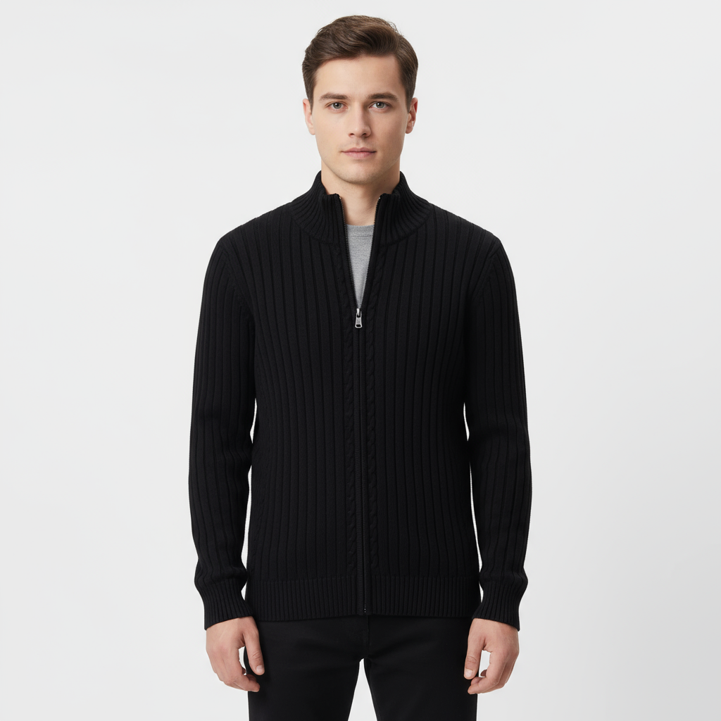 Men's Ribbed Zip-Up Cardigan - Cozy Knit Sweater for Casual Wear and Layering - Available in Multiple Colors