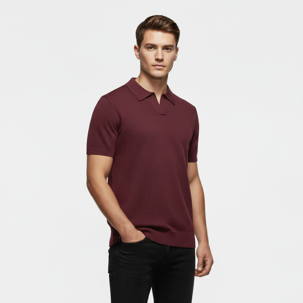 Men's Slim Fit Knitted Piqué Polo Shirt - Casual Wear, Comfortable Cotton Blend, Versatile Short Sleeve Design