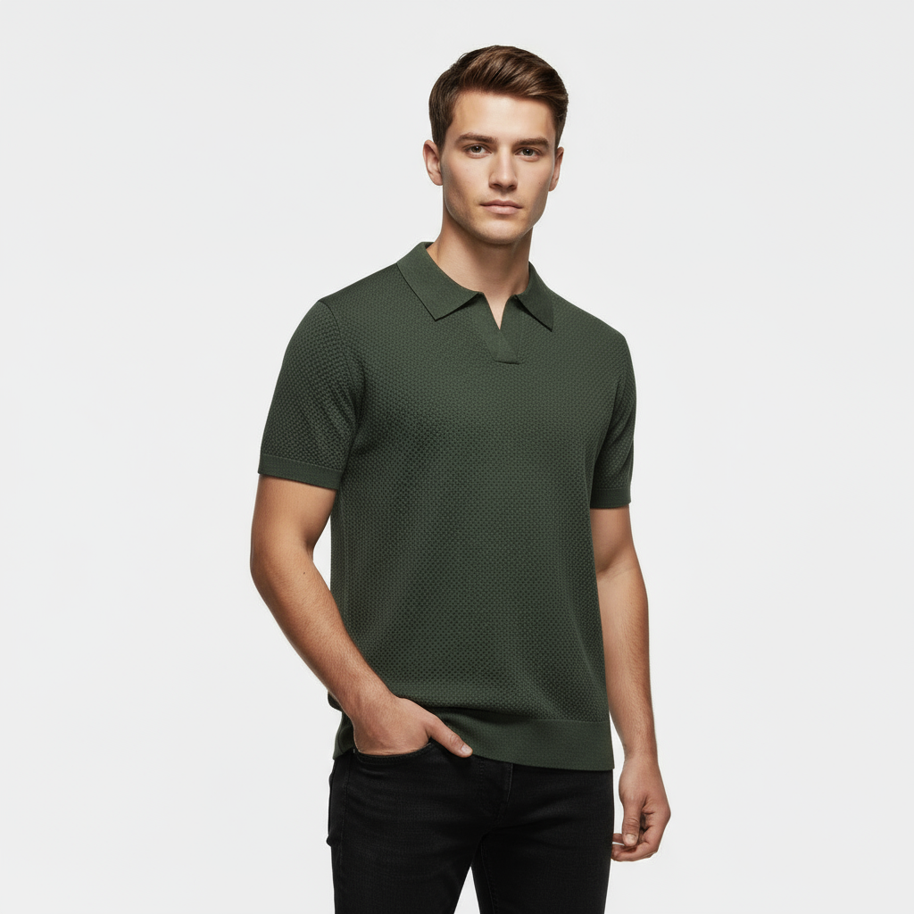 Men's Slim Fit Knitted Piqué Polo Shirt - Casual Wear, Comfortable Cotton Blend, Versatile Short Sleeve Design
