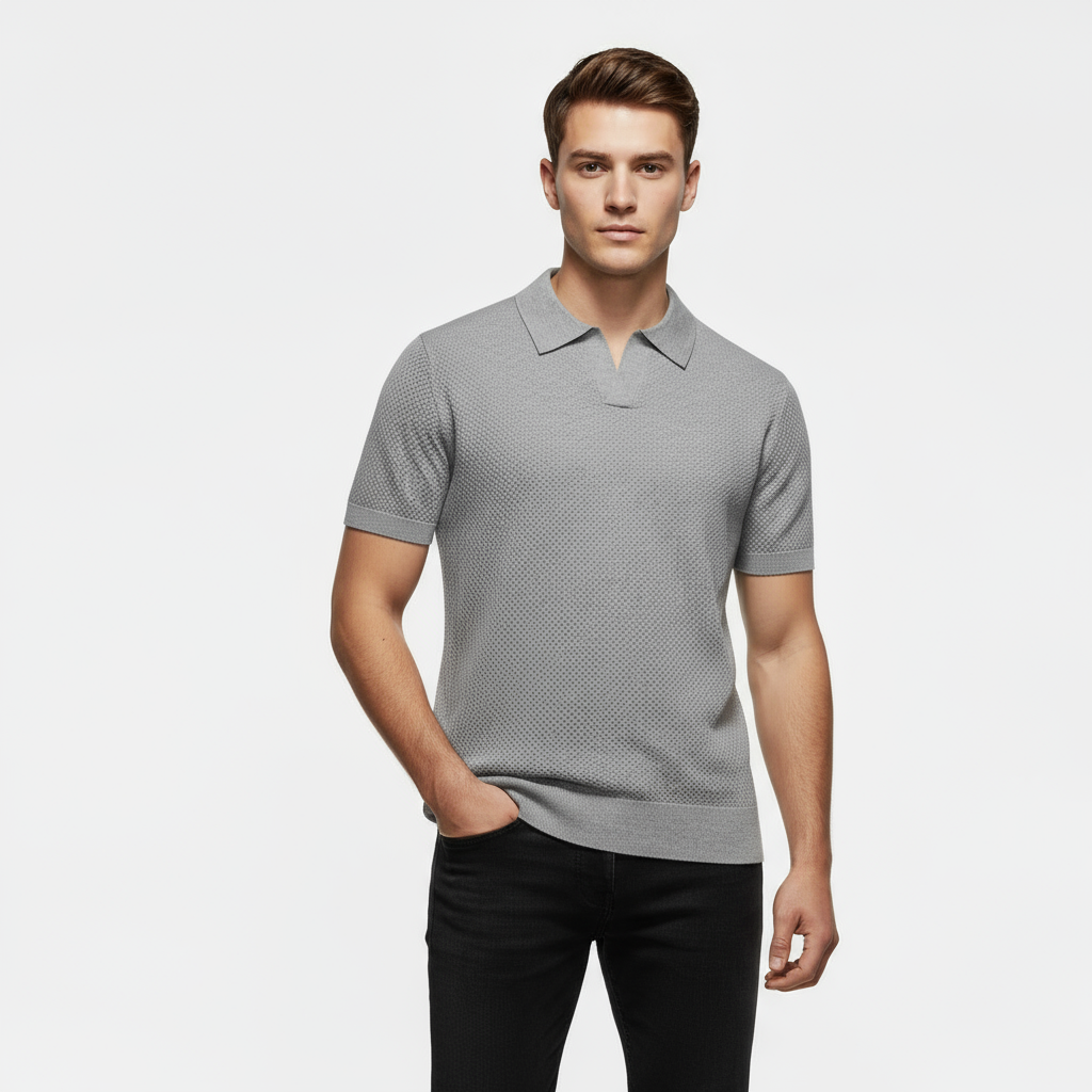 Men's Slim Fit Knitted Piqué Polo Shirt - Casual Wear, Comfortable Cotton Blend, Versatile Short Sleeve Design