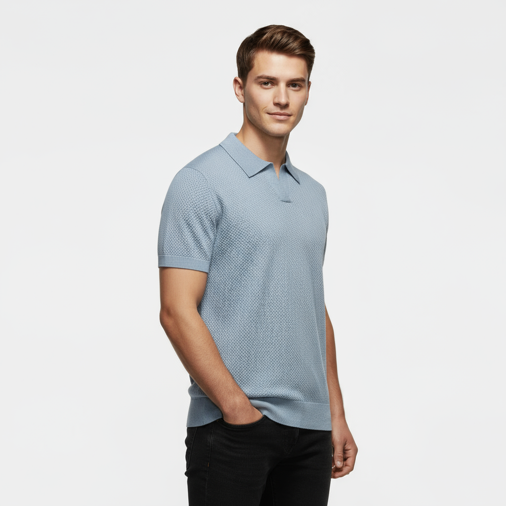 Men's Slim Fit Knitted Piqué Polo Shirt - Casual Wear, Comfortable Cotton Blend, Versatile Short Sleeve Design