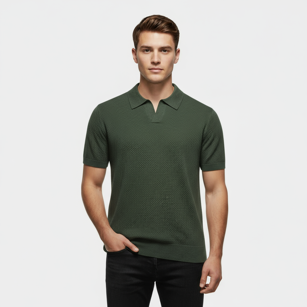Men's Slim Fit Knitted Piqué Polo Shirt - Casual Wear, Comfortable Cotton Blend, Versatile Short Sleeve Design