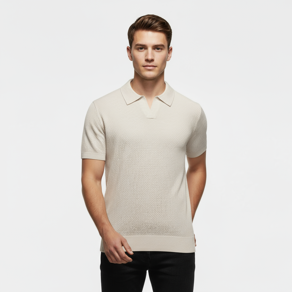Men's Slim Fit Knitted Piqué Polo Shirt - Casual Wear, Comfortable Cotton Blend, Versatile Short Sleeve Design