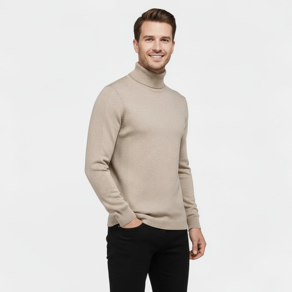 Men's Slim Fit Ribbed Cotton-Blend Turtleneck Sweater for Casual Wear - Stretch Knit Jumper