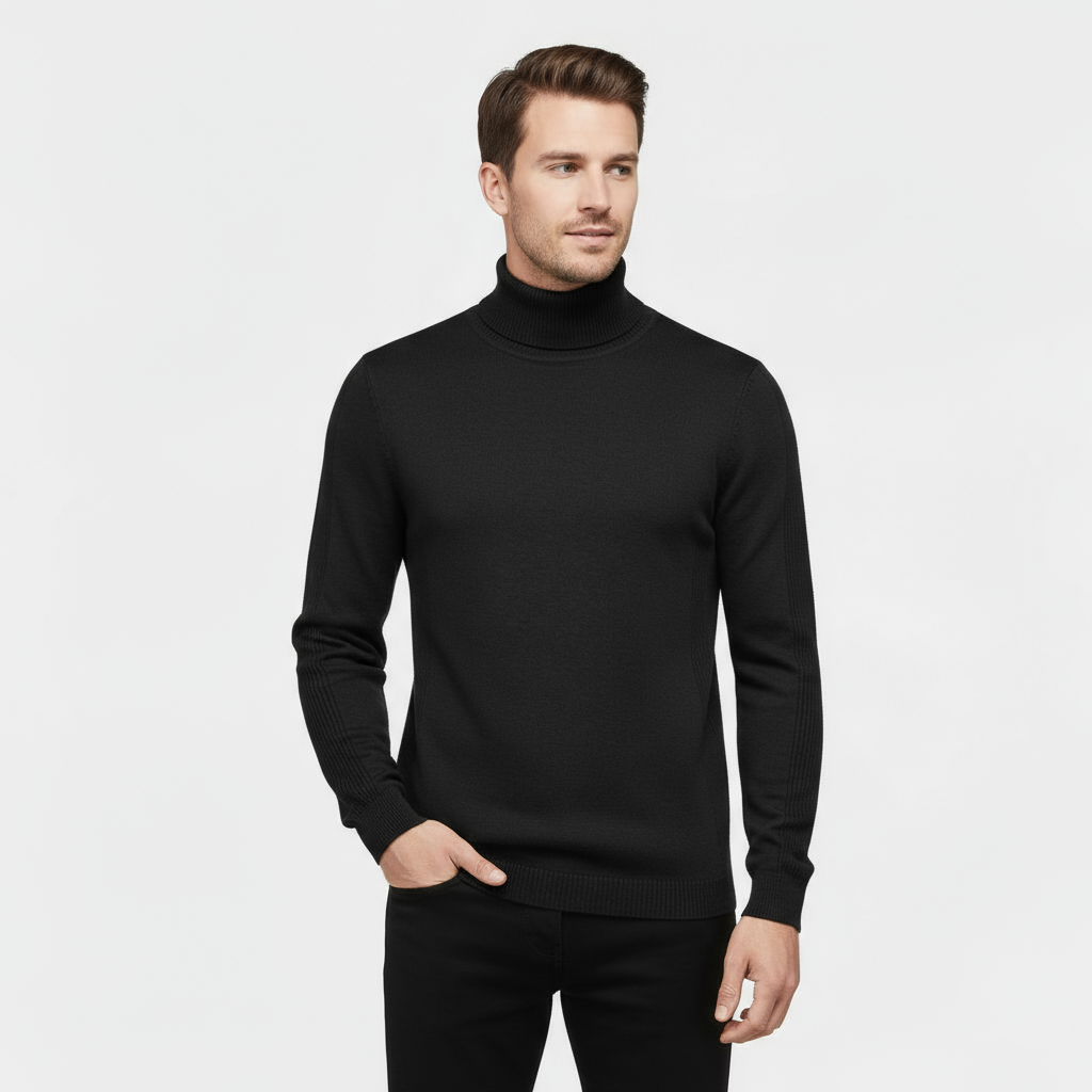 Men's Slim Fit Ribbed Cotton-Blend Turtleneck Sweater for Casual Wear - Stretch Knit Jumper