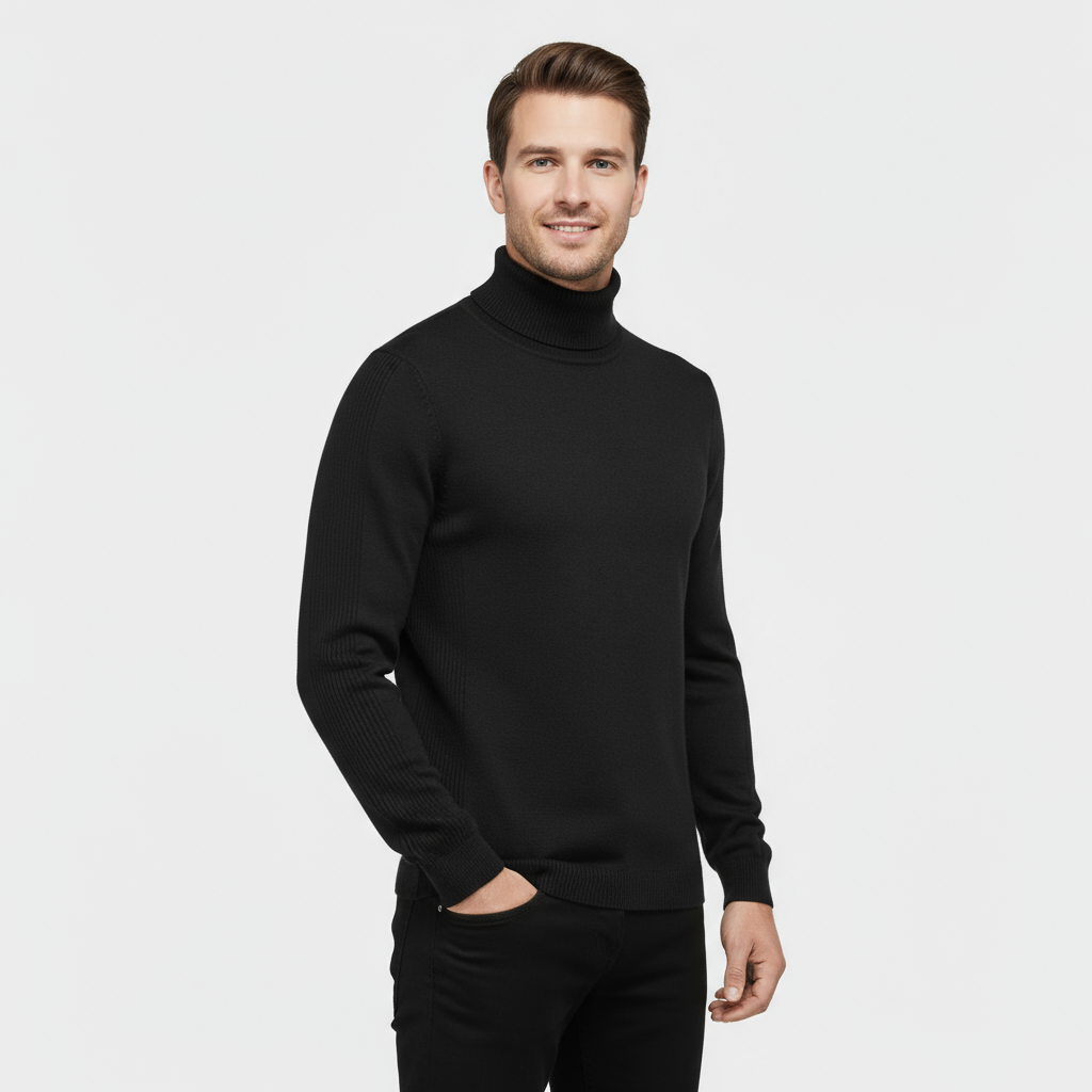 Men's Slim Fit Ribbed Cotton-Blend Turtleneck Sweater for Casual Wear - Stretch Knit Jumper