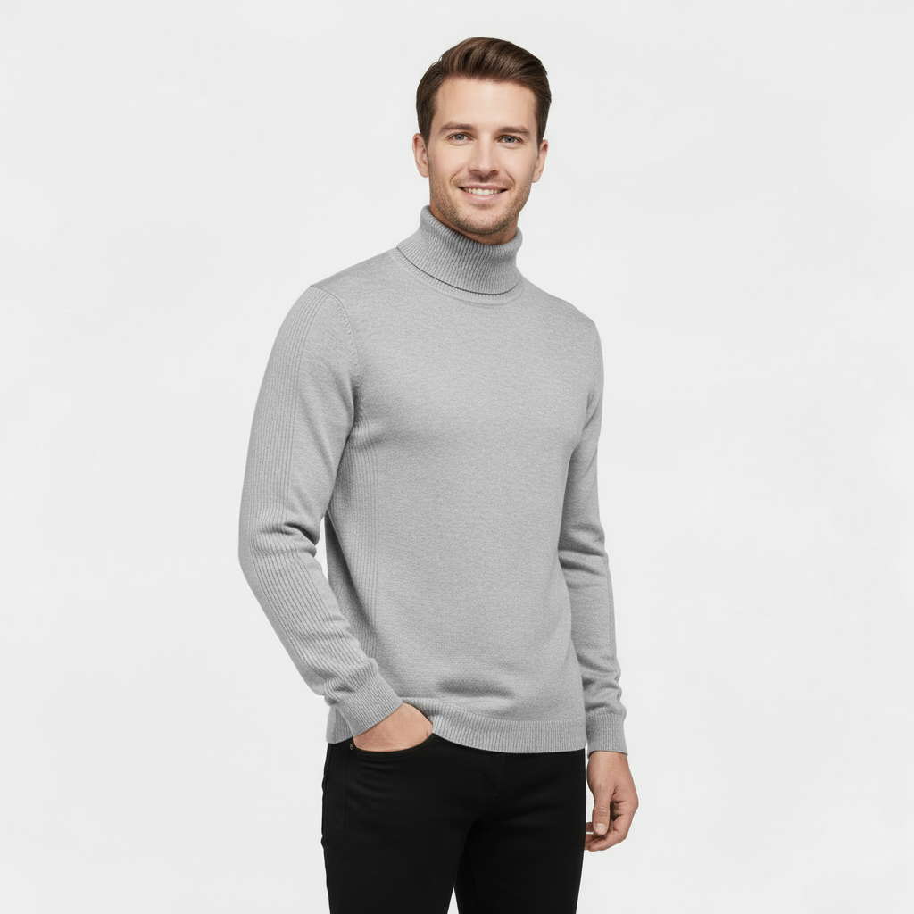 Men's Slim Fit Ribbed Cotton-Blend Turtleneck Sweater for Casual Wear - Stretch Knit Jumper