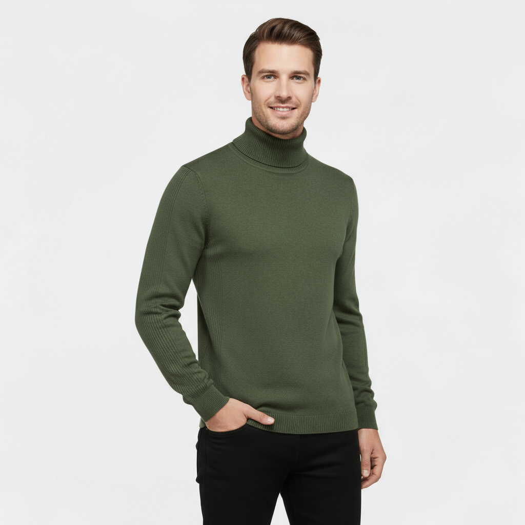Men's Slim Fit Ribbed Cotton-Blend Turtleneck Sweater for Casual Wear - Stretch Knit Jumper