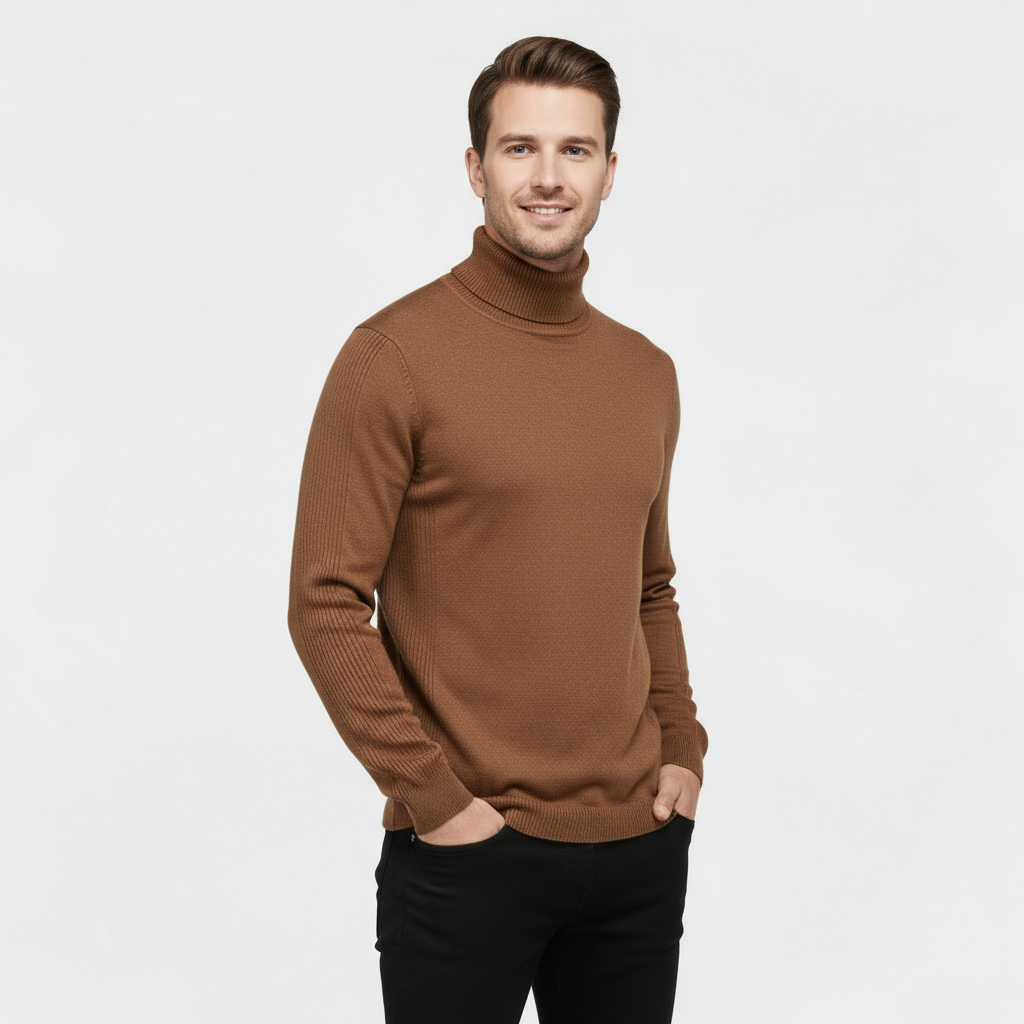 Men's Slim Fit Ribbed Cotton-Blend Turtleneck Sweater for Casual Wear - Stretch Knit Jumper