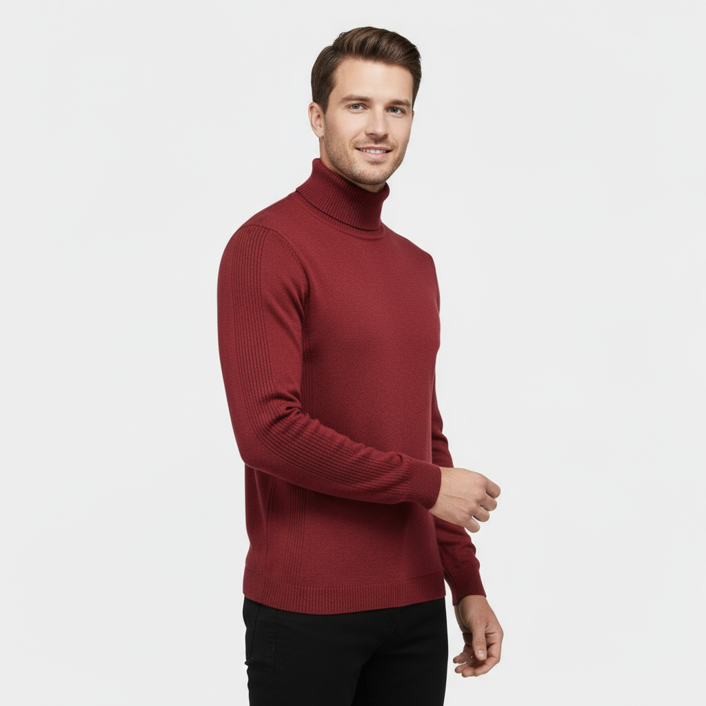 Men's Slim Fit Ribbed Cotton-Blend Turtleneck Sweater for Casual Wear - Stretch Knit Jumper
