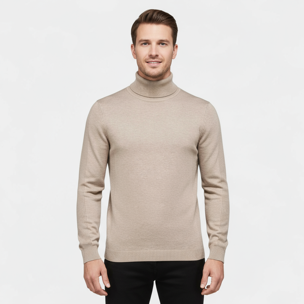 Men's Slim Fit Ribbed Cotton-Blend Turtleneck Sweater for Casual Wear - Stretch Knit Jumper