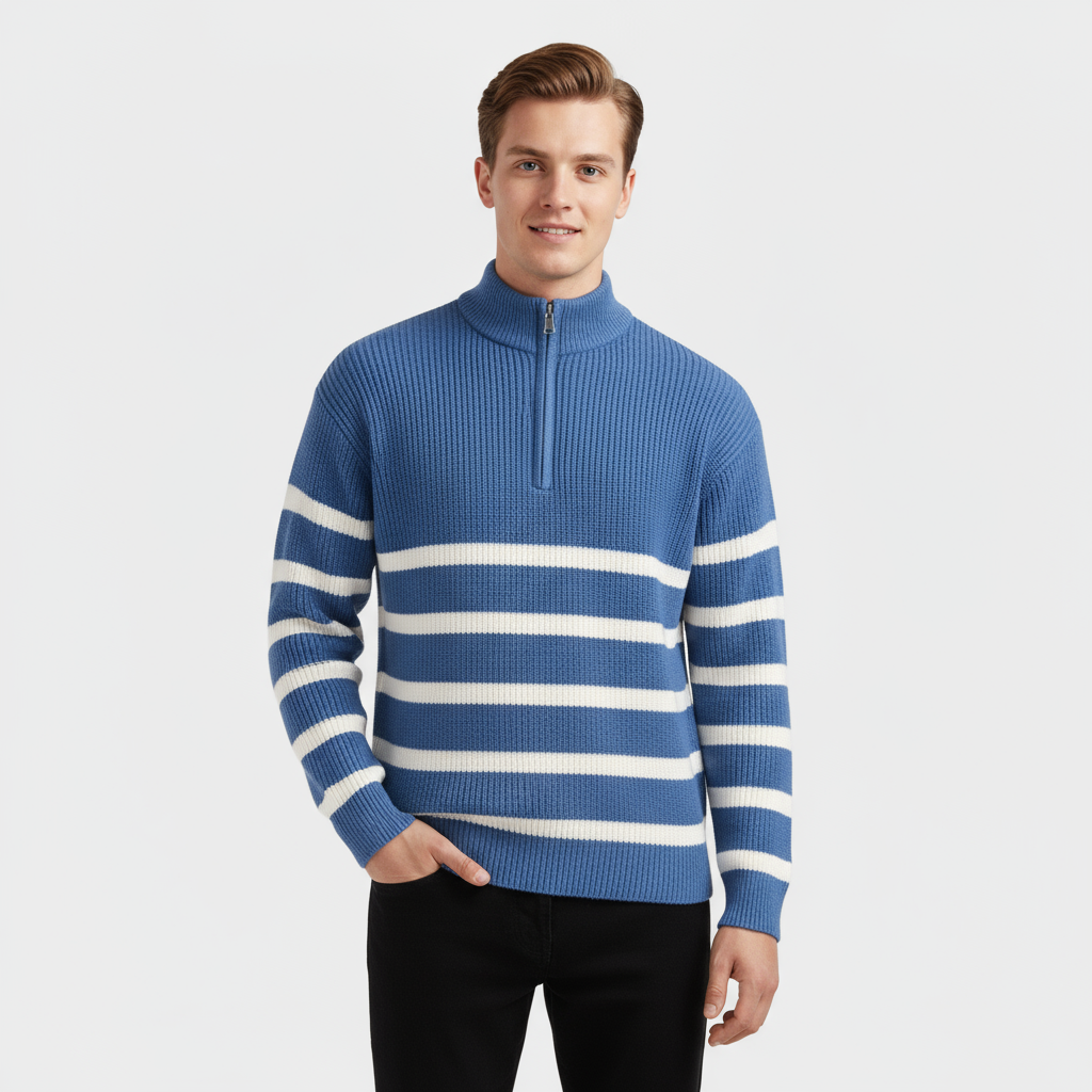 Men's Striped Ribbed Knit Quarter Zip Sweater - Casual Pullover for Everyday Wear