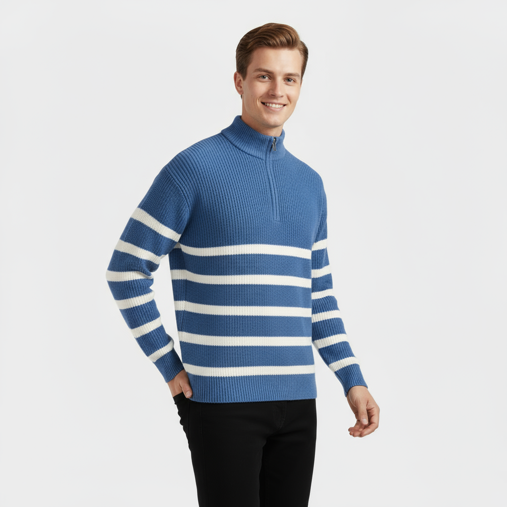 Men's Striped Ribbed Knit Quarter Zip Sweater - Casual Pullover for Everyday Wear