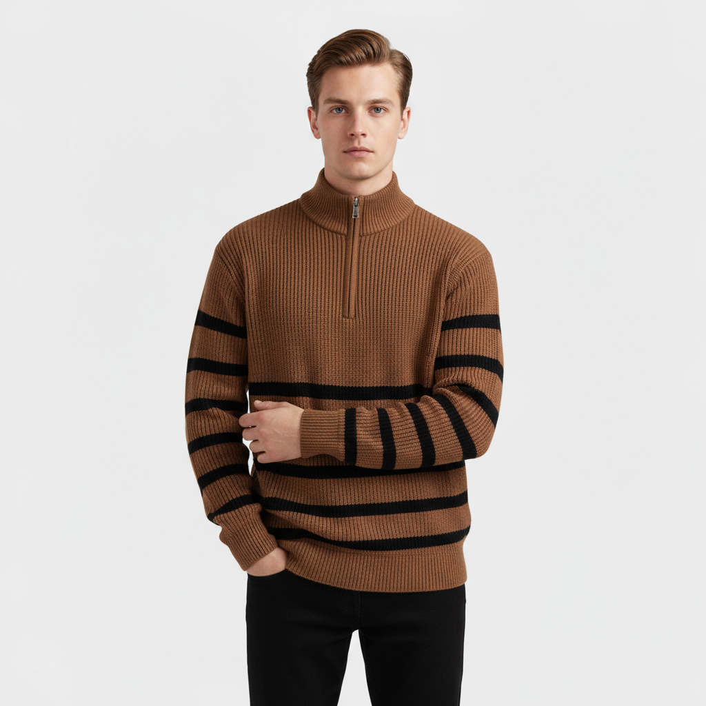 Men's Striped Ribbed Knit Quarter Zip Sweater - Casual Pullover for Everyday Wear