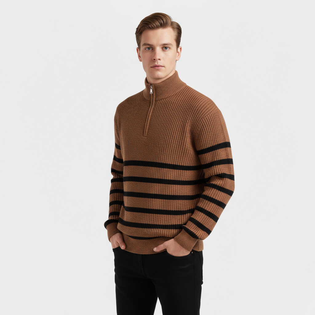 Men's Striped Ribbed Knit Quarter Zip Sweater - Casual Pullover for Everyday Wear