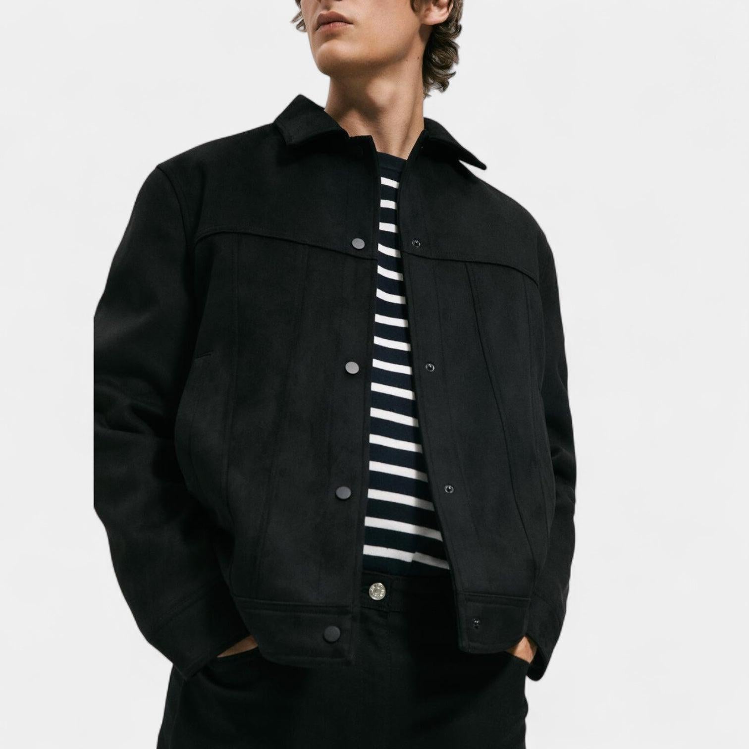 Men's Suede Trucker Jacket with Shirt Collar for Casual Wear and Layering