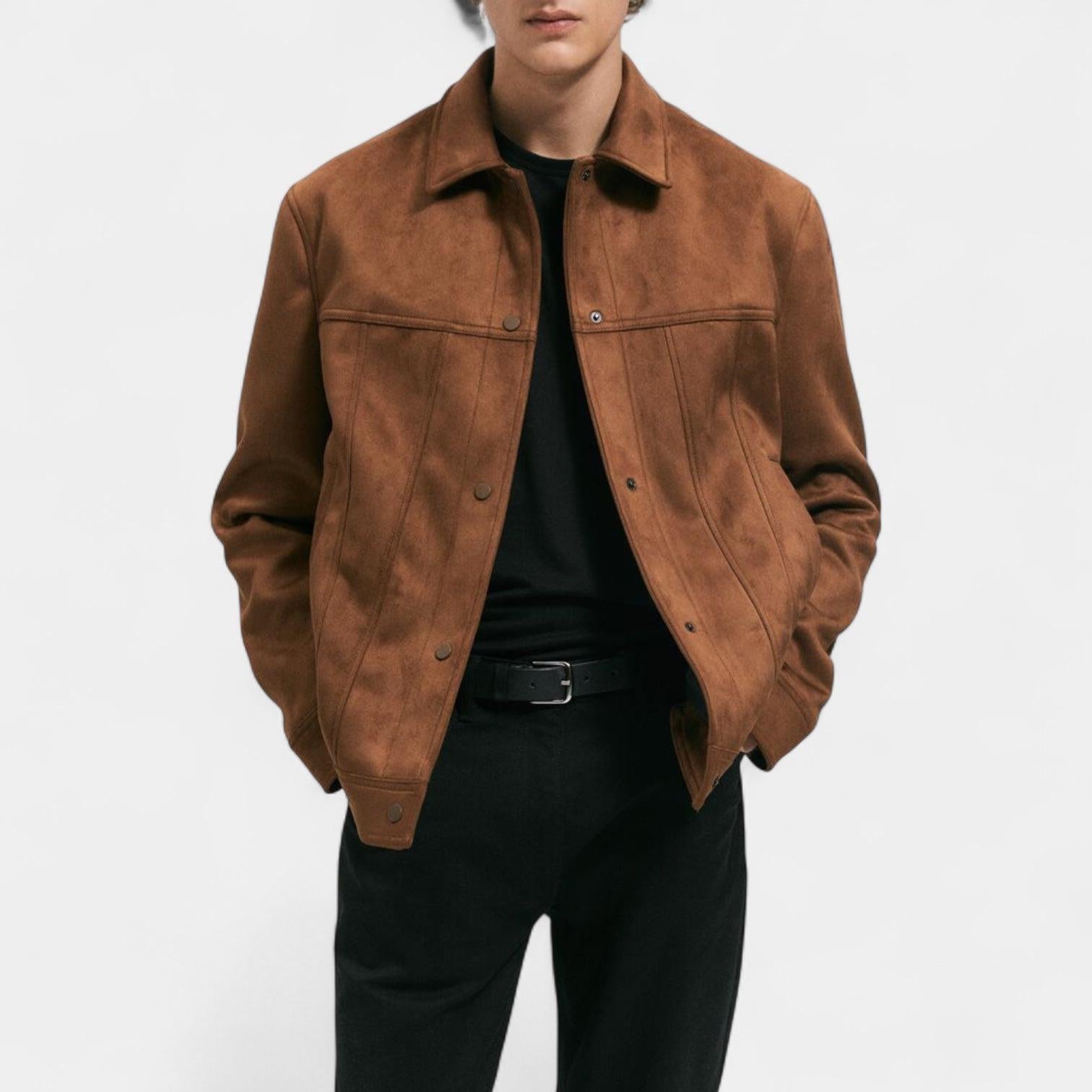 Men's Suede Trucker Jacket with Shirt Collar for Casual Wear and Layering