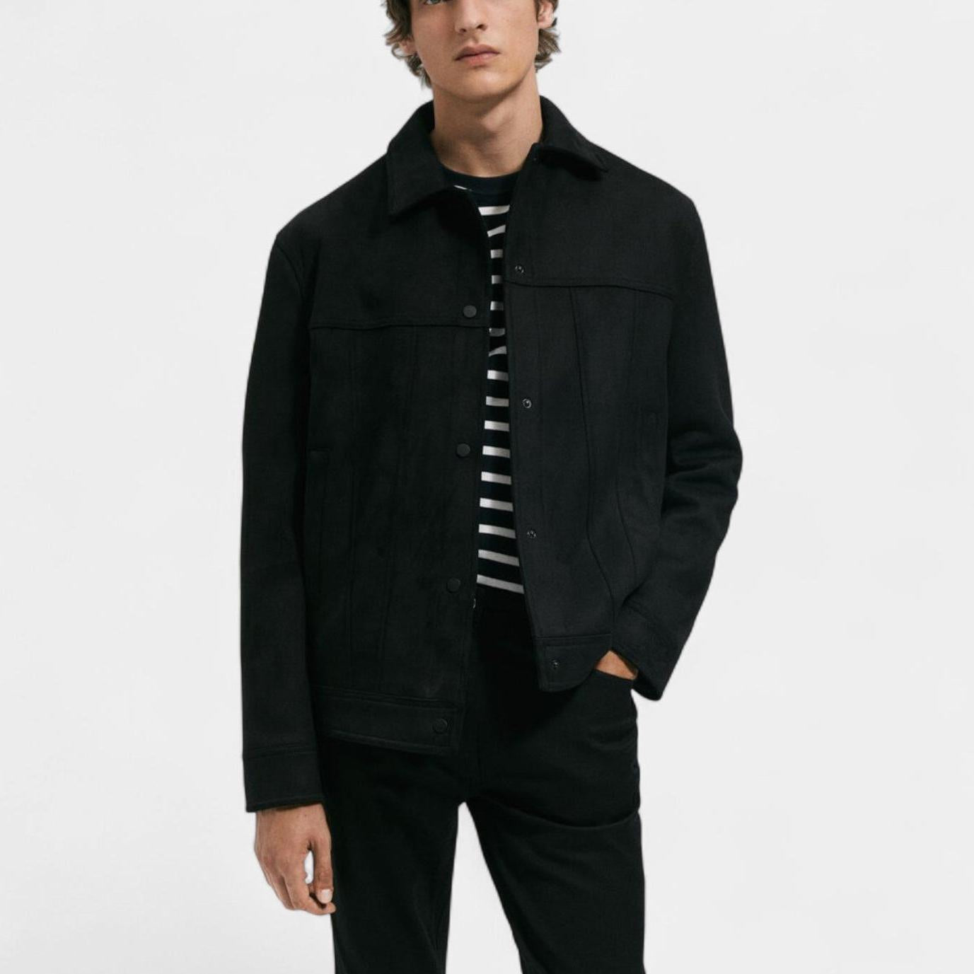 Men's Suede Trucker Jacket with Shirt Collar for Casual Wear and Layering