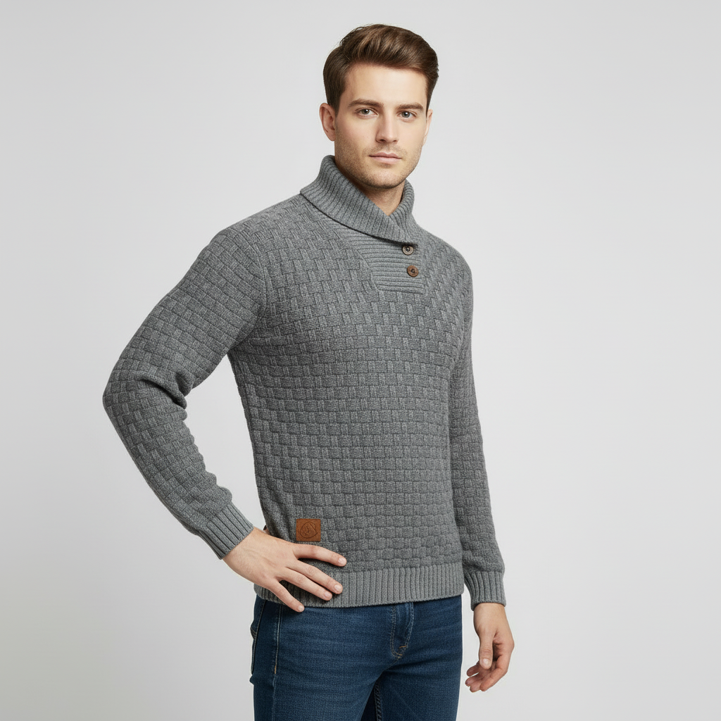 Men's Textured Knit Shawl Collar Sweater - Warm Winter Pullover for Casual Wear