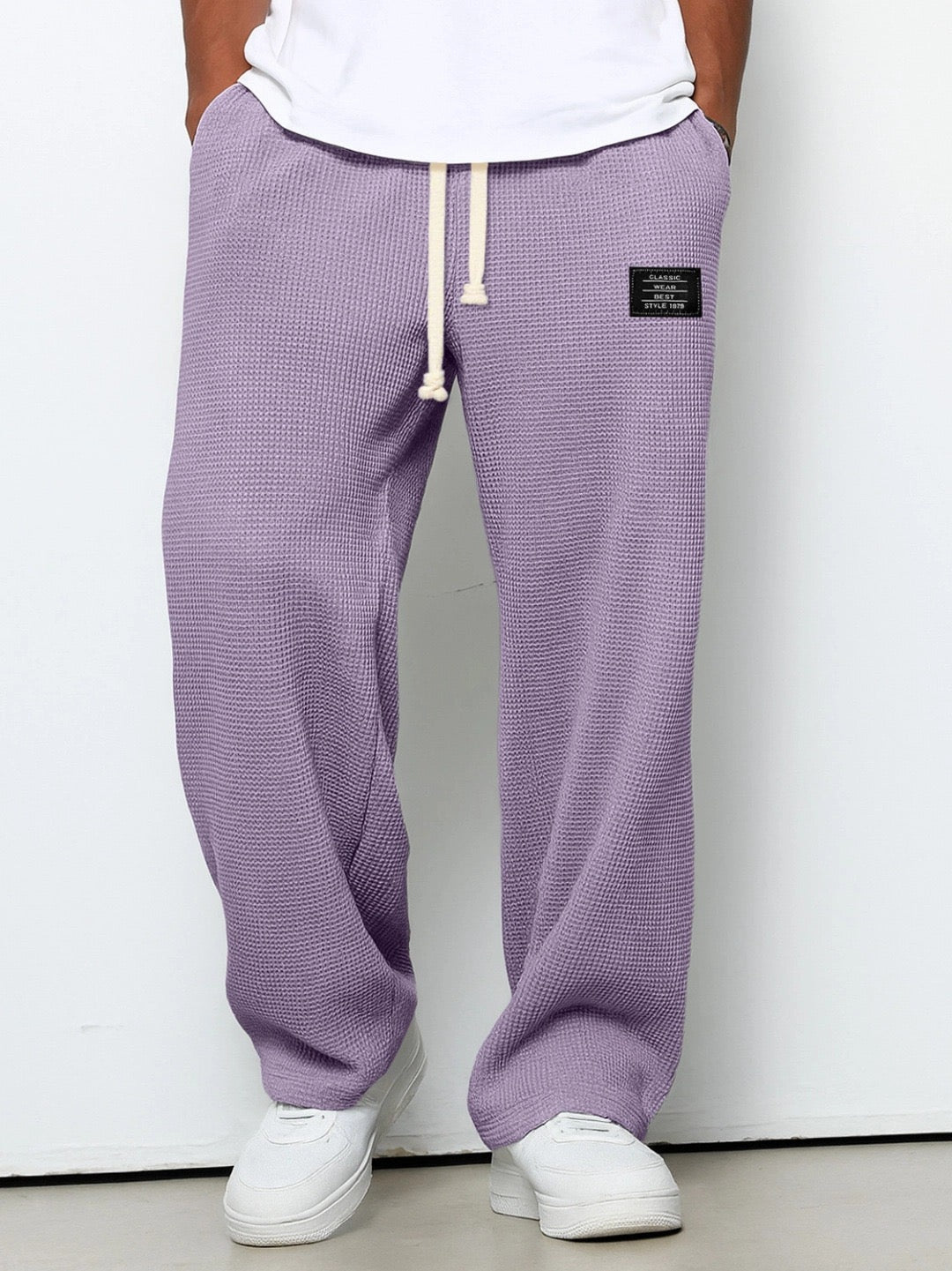 Men's Waffle-Textured Drawstring Trousers with Side Pockets and Wide Legs for Casual Wear