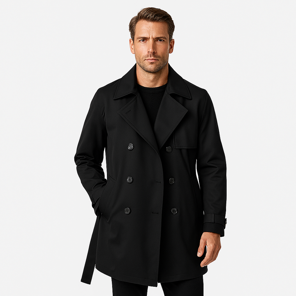 Men's Waterproof Trench Coat - Double-Front Design with Belt and Wide Lapels for Performance and Style