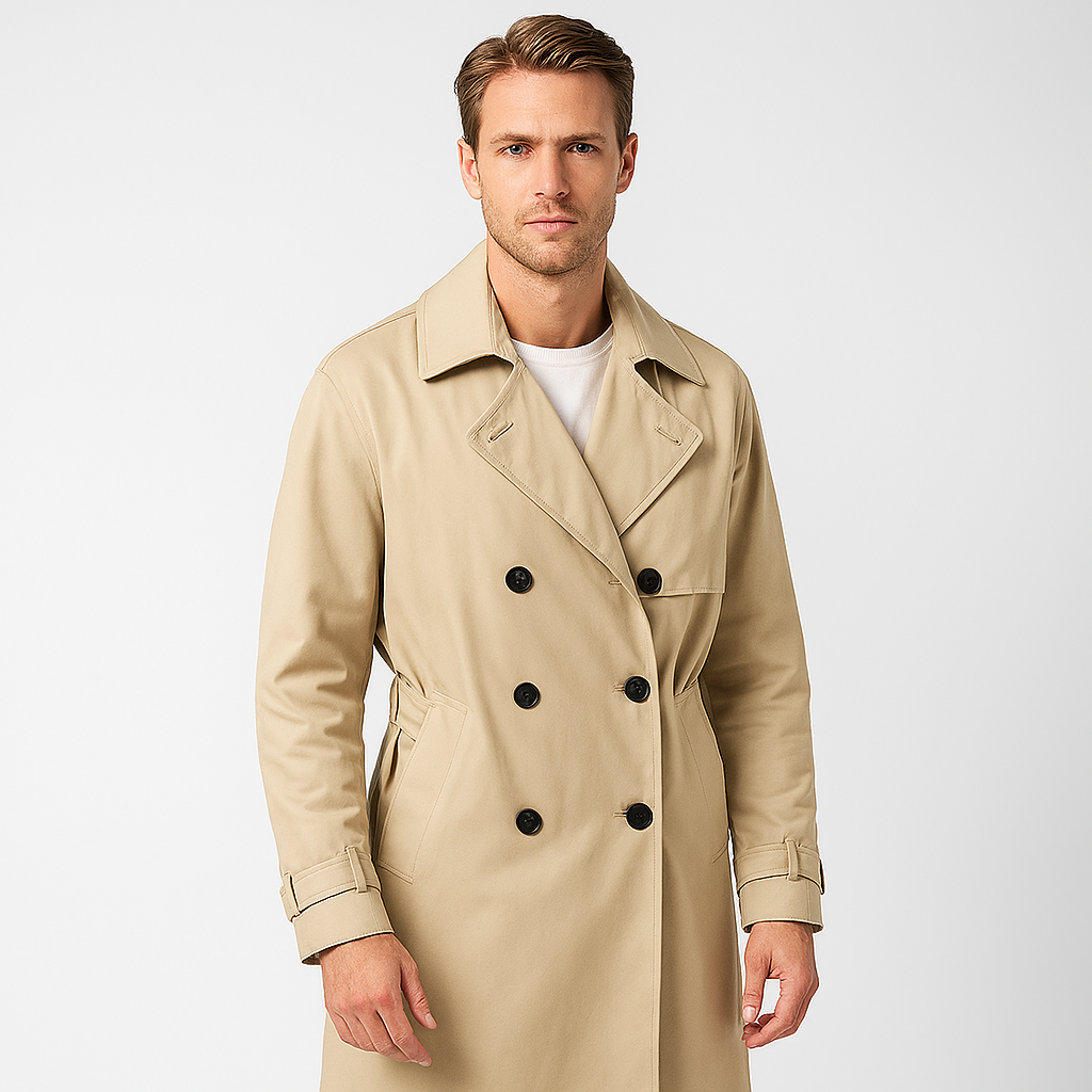 Men's Waterproof Trench Coat - Double-Front Design with Belt and Wide Lapels for Performance and Style