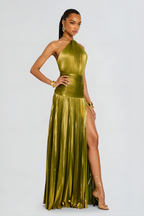 Metallic Halter Maxi Dress with Pleated Design for Evening Events and Formal Occasions