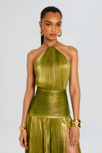 Metallic Halter Maxi Dress with Pleated Design for Evening Events and Formal Occasions