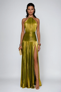 Metallic Halter Maxi Dress with Pleated Design for Evening Events and Formal Occasions