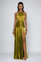 Metallic Halter Maxi Dress with Pleated Design for Evening Events and Formal Occasions
