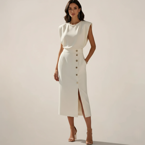 Midi Dress with Button Detail and Side Slit - Elegant Casual Wear for Women