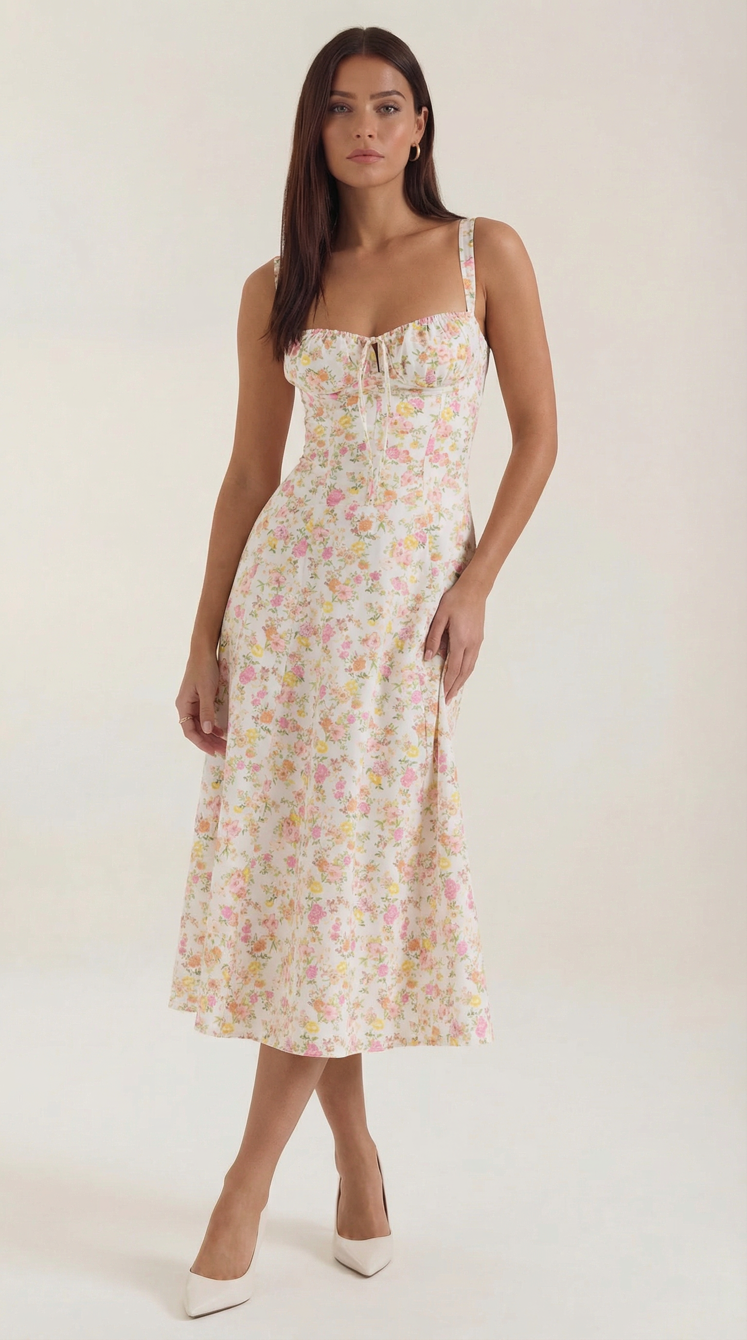 Midi Summer Dress in Lightweight Fabric with Floral Print for Casual Wear