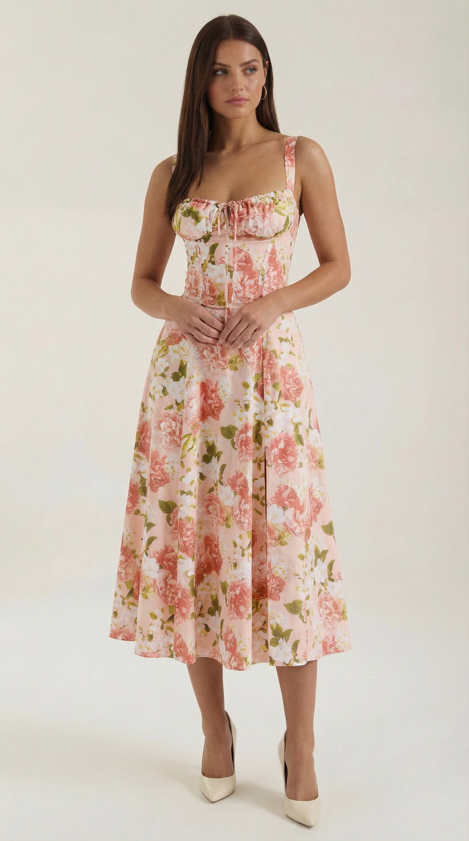 Midi Summer Dress in Lightweight Fabric with Floral Print for Casual Wear