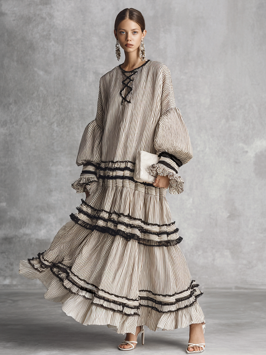 Multi-Colour Cotton Blend Maxi Dress Women UK – Boho Striped Ruffle Tiered Long Sleeve Dress, Garden Party Wedding Guest