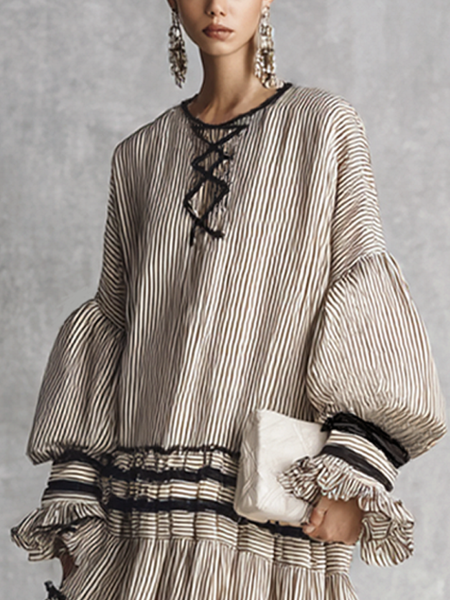 Multi-Colour Cotton Blend Maxi Dress Women UK – Boho Striped Ruffle Tiered Long Sleeve Dress, Garden Party Wedding Guest