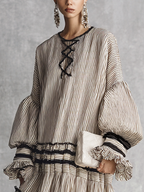 Multi-Colour Cotton Blend Maxi Dress Women UK – Boho Striped Ruffle Tiered Long Sleeve Dress, Garden Party Wedding Guest