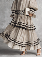 Multi-Colour Cotton Blend Maxi Dress Women UK – Boho Striped Ruffle Tiered Long Sleeve Dress, Garden Party Wedding Guest