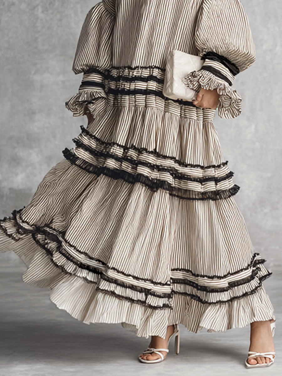 Multi-Colour Cotton Blend Maxi Dress Women UK – Boho Striped Ruffle Tiered Long Sleeve Dress, Garden Party Wedding Guest