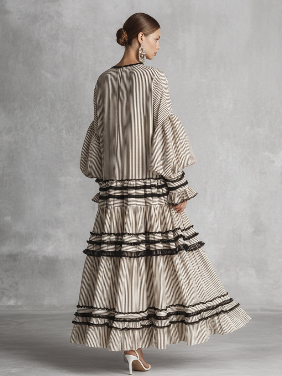 Multi-Colour Cotton Blend Maxi Dress Women UK – Boho Striped Ruffle Tiered Long Sleeve Dress, Garden Party Wedding Guest