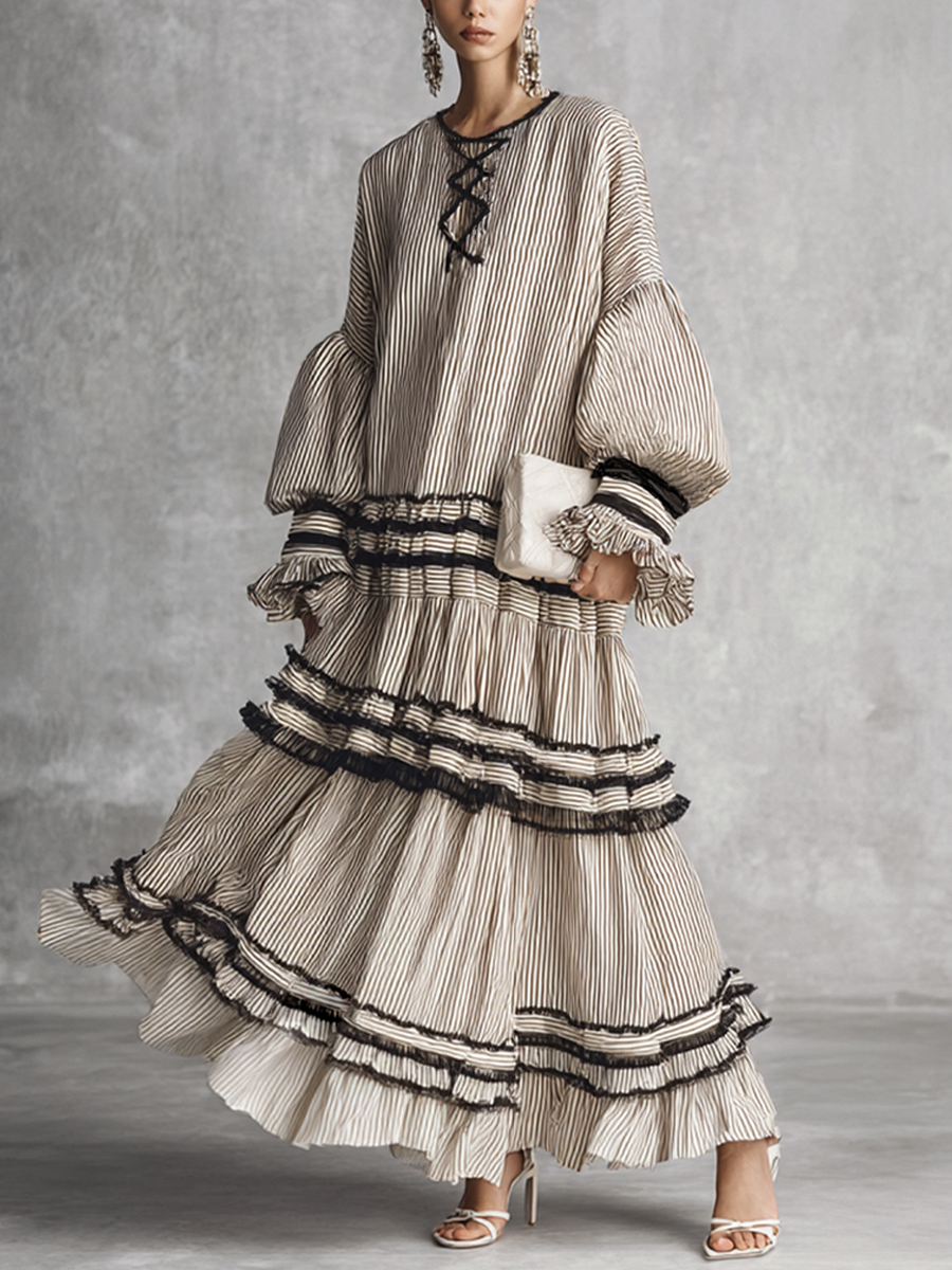 Multi-Colour Cotton Blend Maxi Dress Women UK – Boho Striped Ruffle Tiered Long Sleeve Dress, Garden Party Wedding Guest